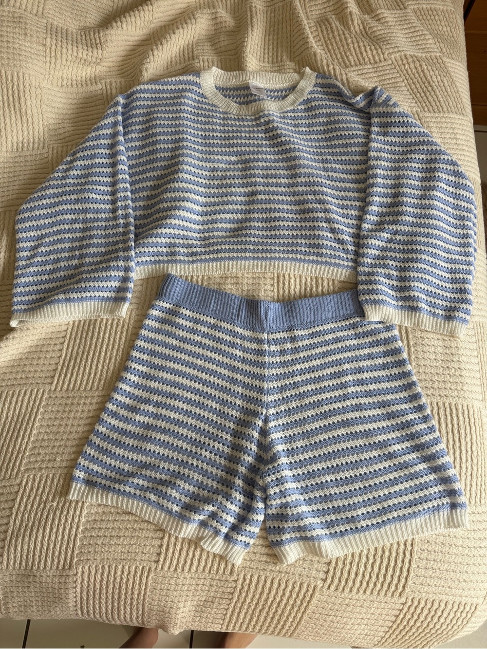 Striped Crochet Two-Piece Lounge Set in Blue & white